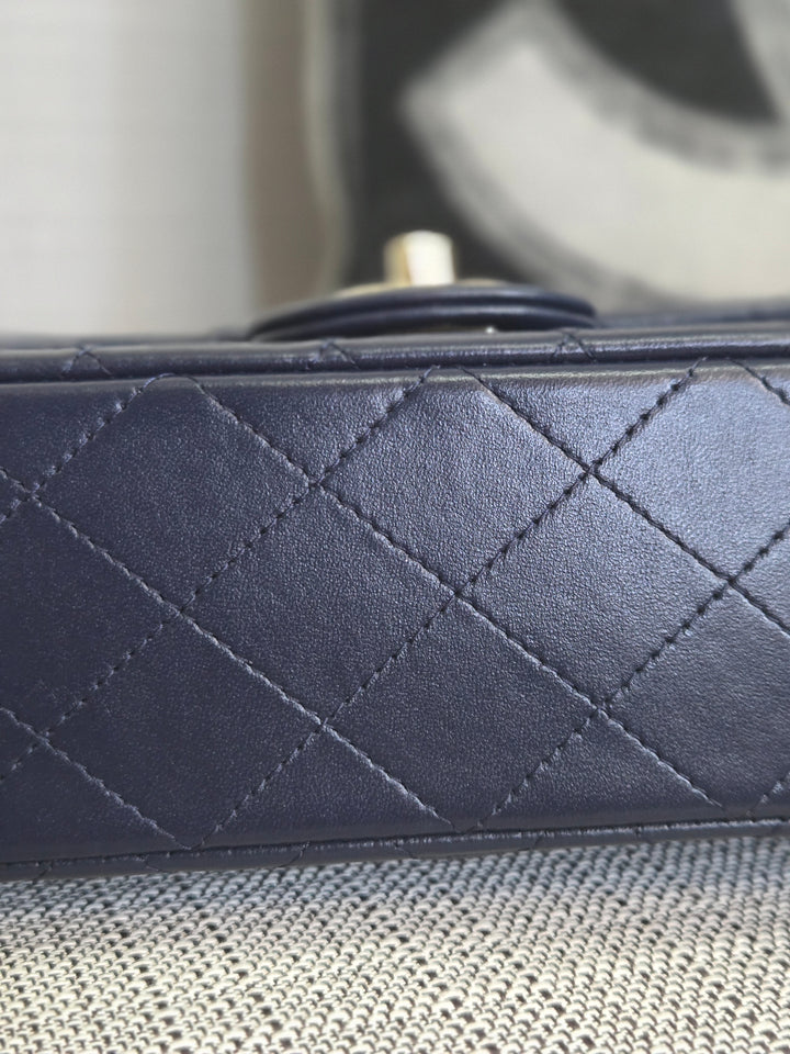 Chanel Navy Lambskin Mini Rectangular Flap Bag with Champagne GHW and Top Handle