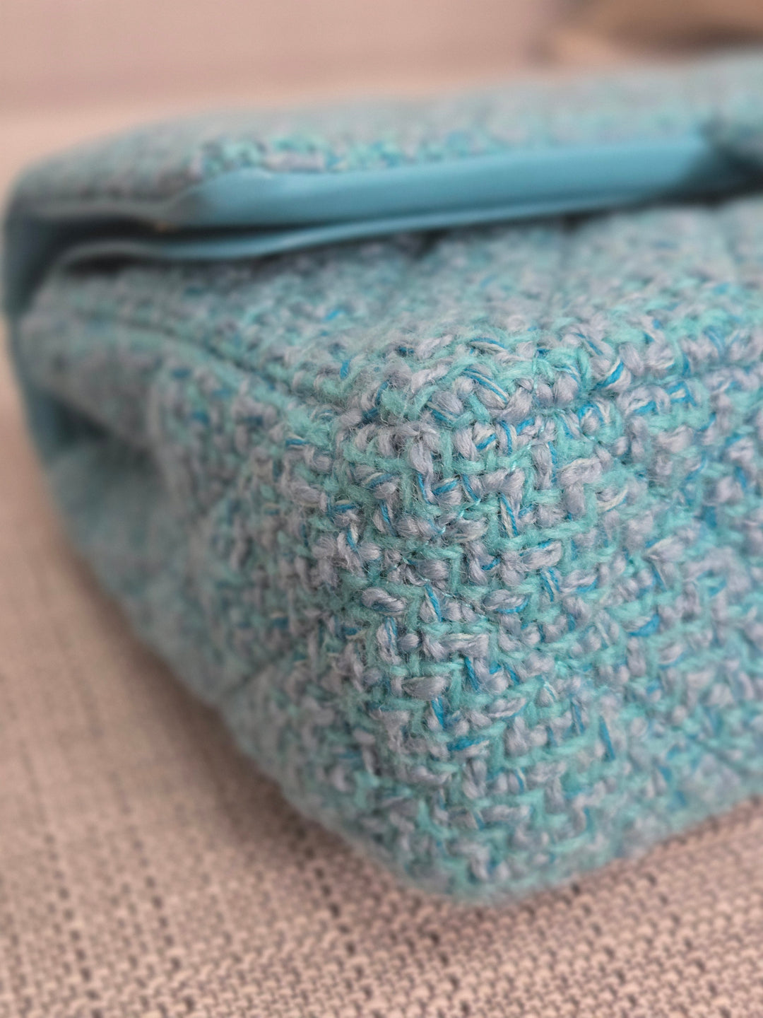 Chanel 22B 2022 Fall/Winter Collection Turquoise Blue Tweed Medium ML Timeless Classic Double Flap Bag with Champagne GHW
