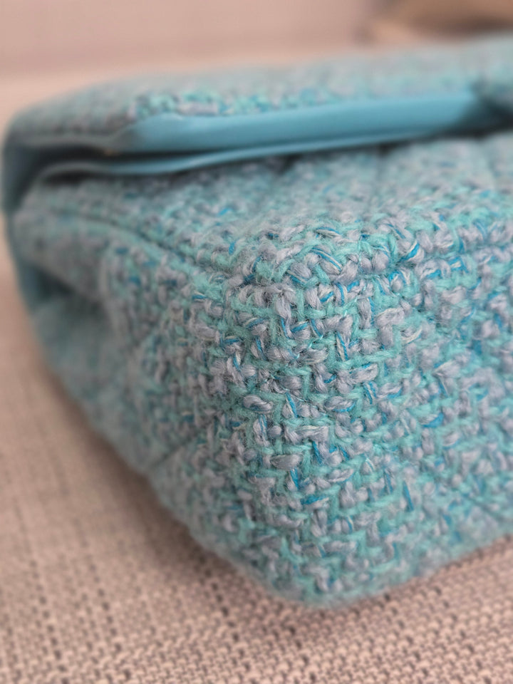 Chanel 22B 2022 Fall/Winter Collection Turquoise Blue Tweed Medium ML Timeless Classic Double Flap Bag with Champagne GHW