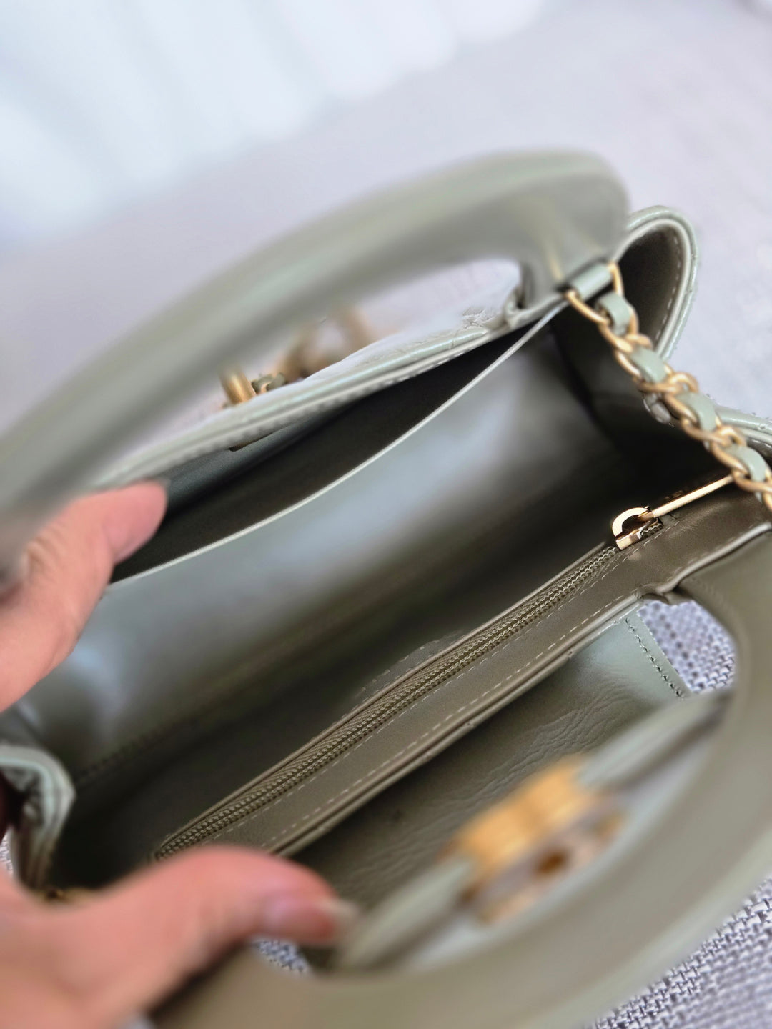 CHANEL Sage Khaki Green Glazed Calfskin Aged GHW Nano Kelly Shopping Bag size Small (19cms)