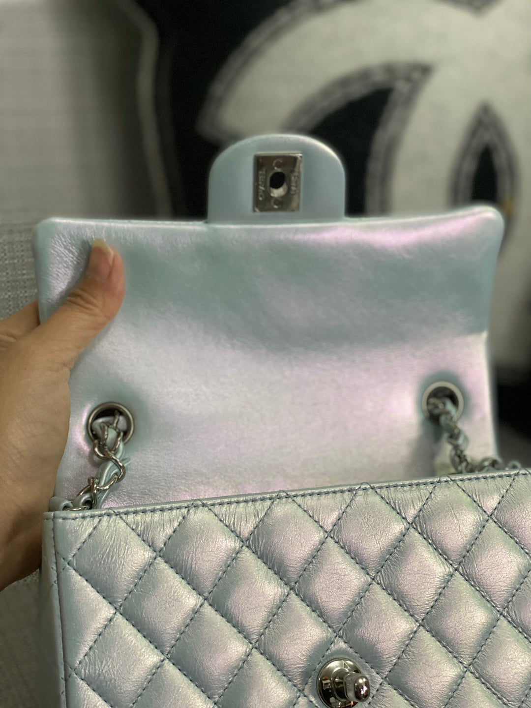 Chanel 21K collection 2021 Iridescent Light Blue Calf skin SHW Mini Rectangular Flap Bag