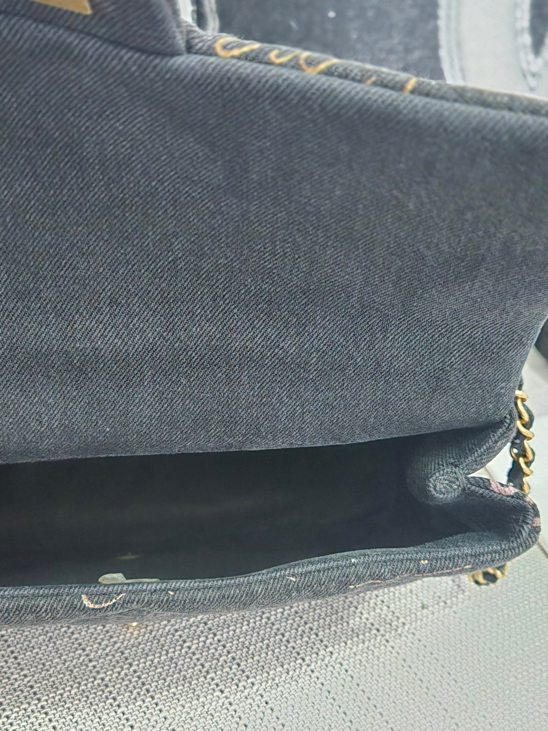 Chanel 22P collection Black Denim Mood Flap Bag with Aged GHW size Medium (25 cms)