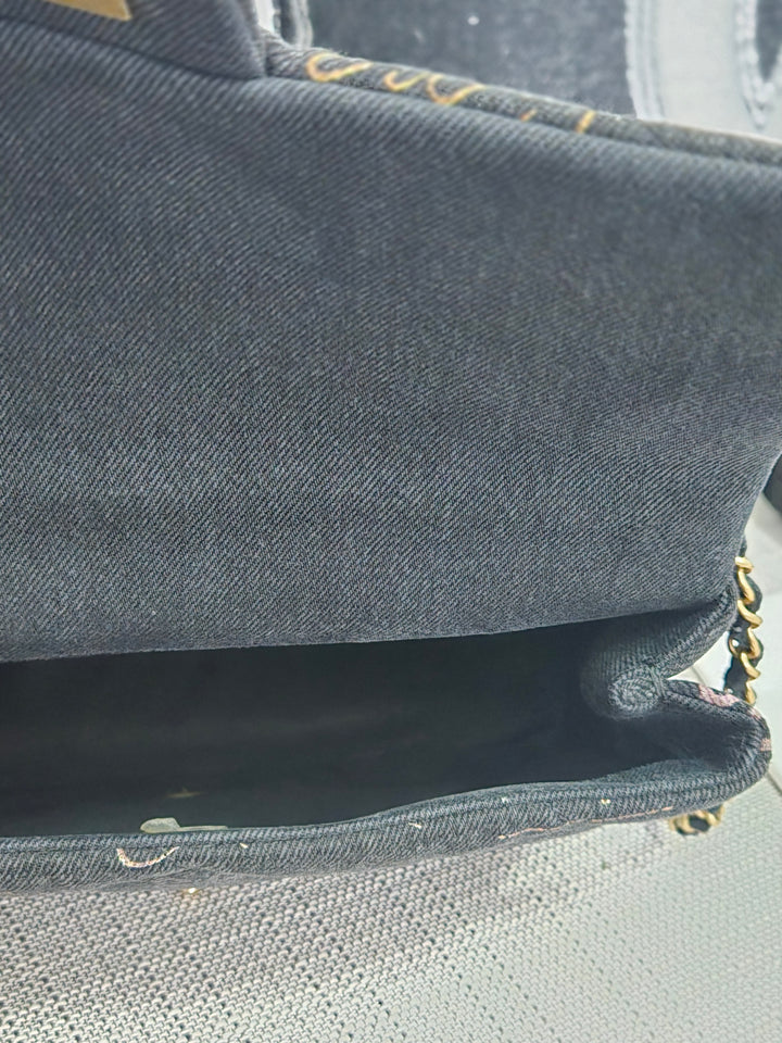 Chanel 22P collection Black Denim Mood Flap Bag with Aged GHW size Medium (25 cms)