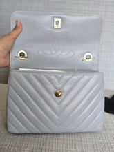 Load image into Gallery viewer, Chanel series 25 Grey Lambskin Chevron Trendy CC Top Handle Flap Bag Size Small with Champagne GHW and Detachable Shoulder strap
