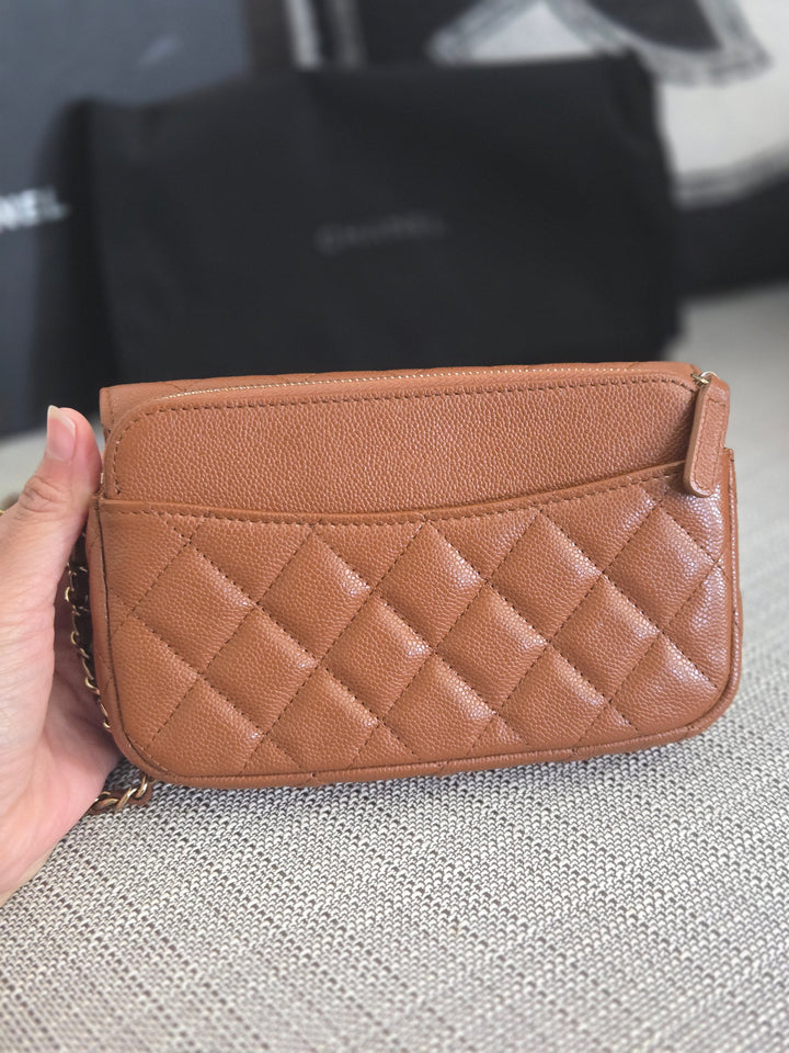 Chanel 2023 Caramel Brown Caviar Champagne GHW New Style Wallet on chain (WOC)