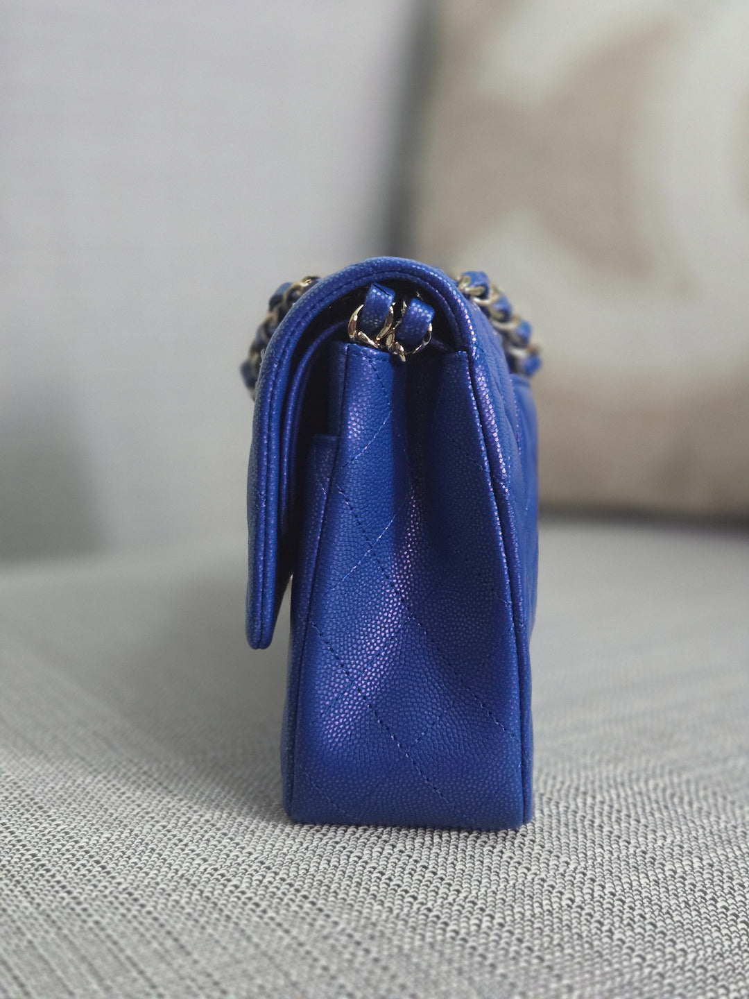 Chanel series 31 Iridescent Cobalt Blue Caviar Medium ML Timeless Classic Double Flap Bag with Champagne GHW