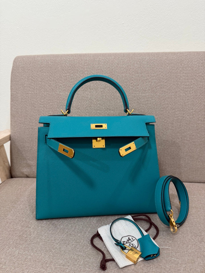 Hermes Kelly 28 in Bleu Paon Epsom Sellier Leather GHW Stamp D 2019