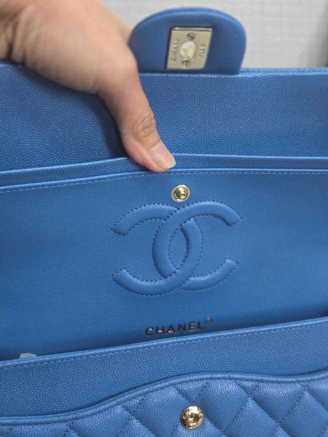 Chanel Series 30 Blue Caviar Medium Timeless Classic Double Flap Bag with Champagne GHW