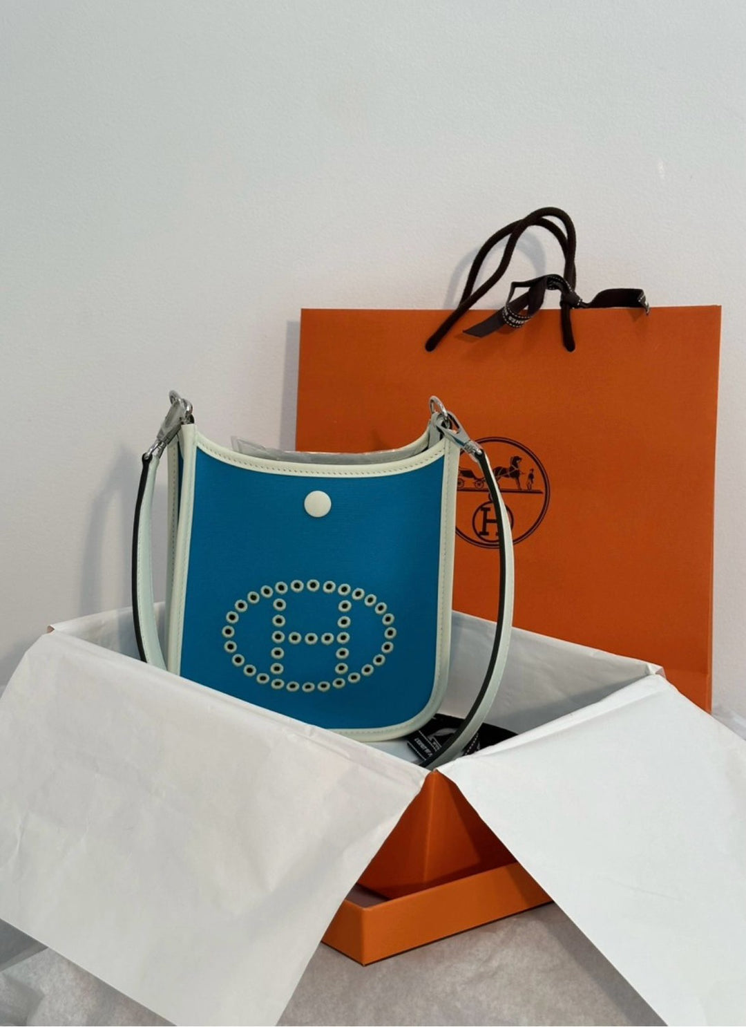 Hermes Mini Evelyn 2024 W Stamp Blue Azteque / Vert Fizz / Mint Toile / Swift Neo