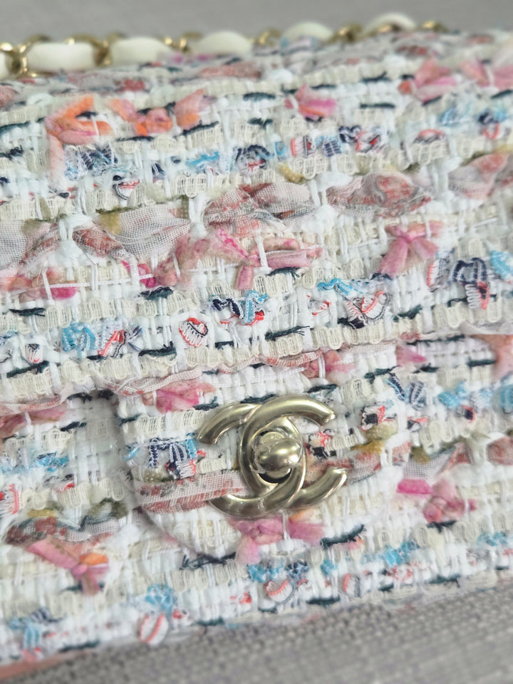 Chanel 23C 2022/2023 Cruise Collection Tweed Quilted Mini Rectangular Flap Bag in Ecru, Pink, Blue, and Green with Champagne GHW