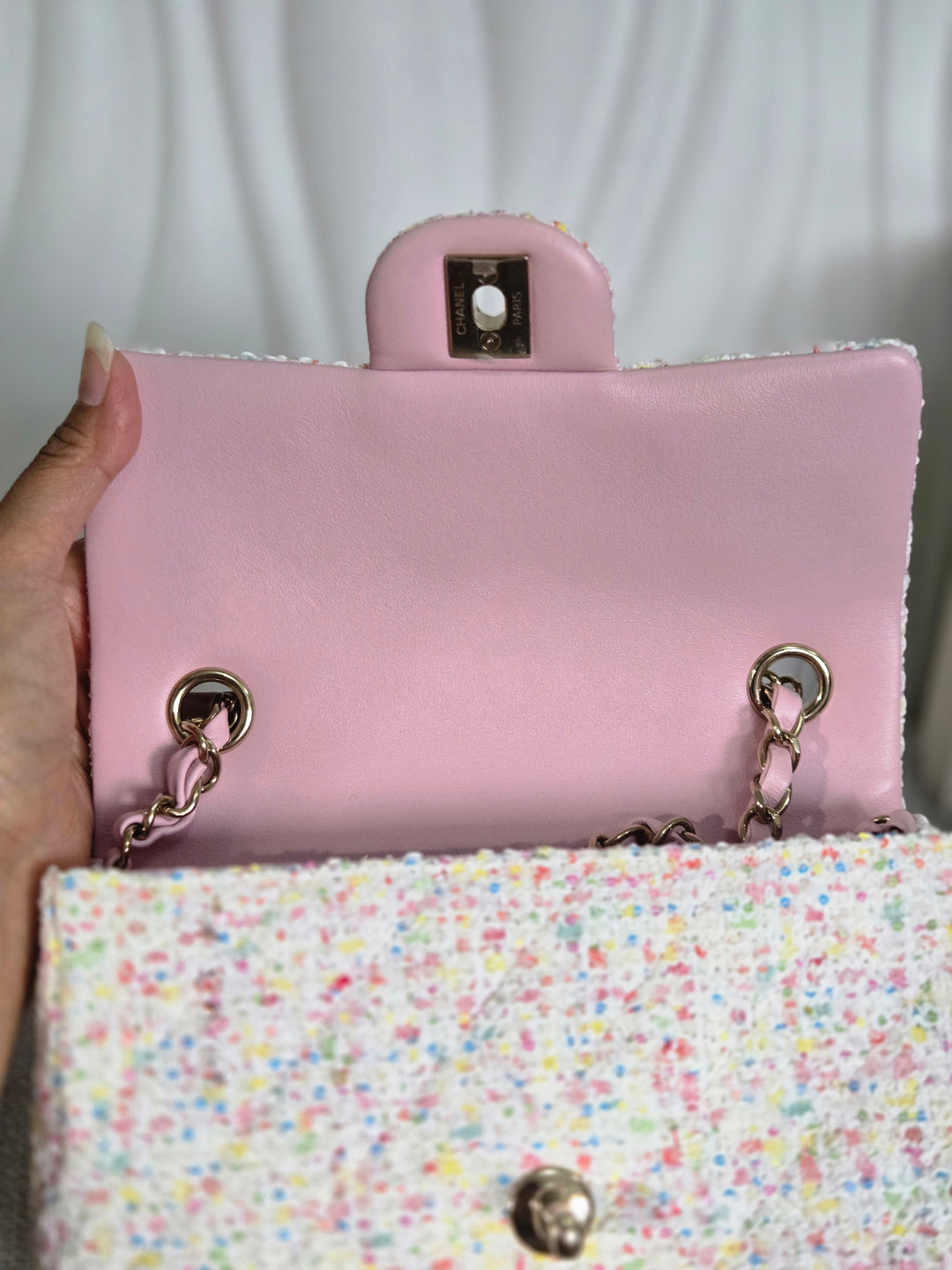 Chanel 25C 2025 Cruise Collection Multi-colored Tweed Champagne GHW Mini rectangular flap bag