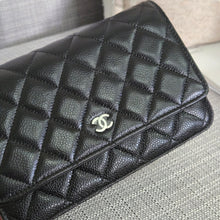 Load image into Gallery viewer, Chanel Black Caviar Classic Wallet on chain (WOC) with silver hardware
