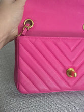 Load image into Gallery viewer, Chanel series 21 2015 Hot Pink Lambskin Chevron Mini Rectangular Flap Bag with Yellow GHW
