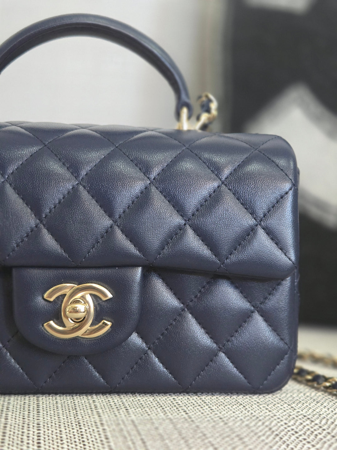 Chanel Navy Lambskin Mini Rectangular Flap Bag with Champagne GHW and Top Handle