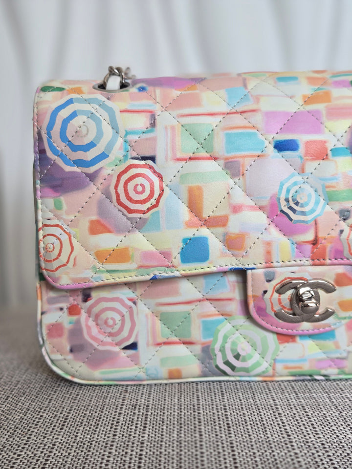CHANEL Multi Color Rainbow Umbrella print calf skin SHW Medium Classic Double Flap Bag