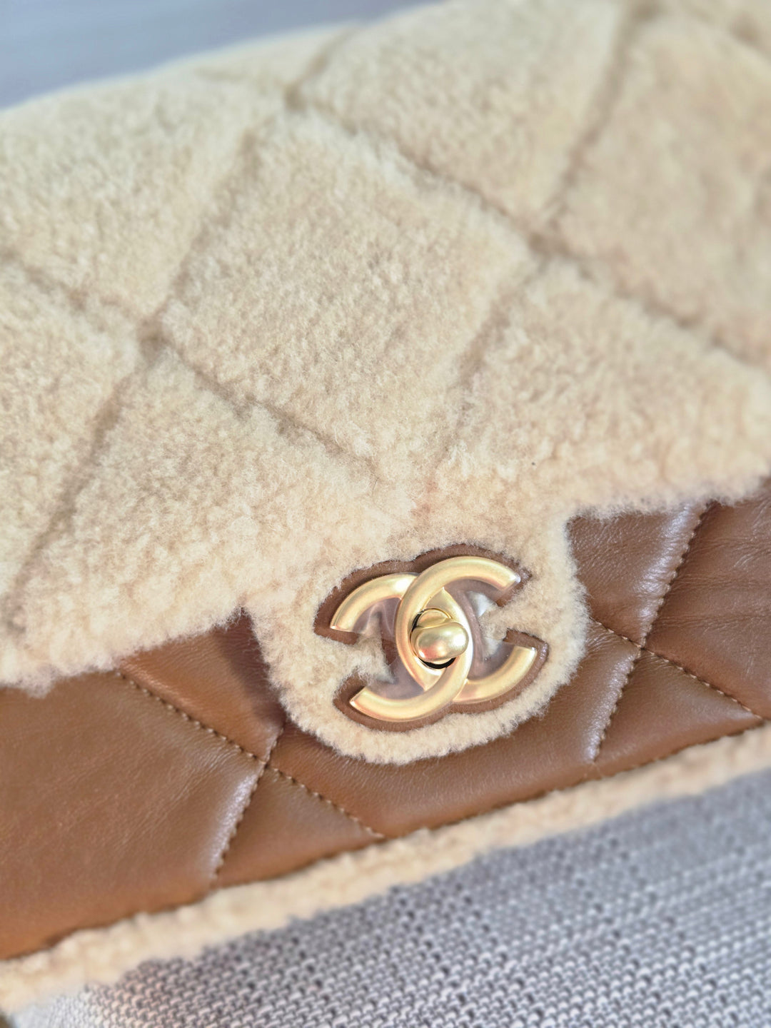 Chanel 24K 2024 Fall/Winter Collection Beige Brown Teddy Shearling MEDIUM flap Bag with Aged GHW