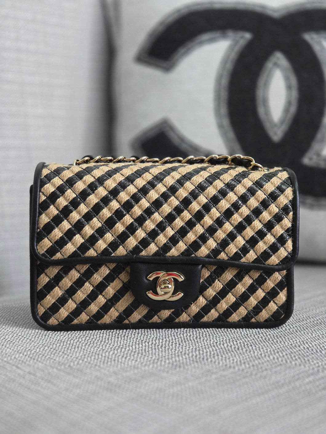 Chanel series 31 21P 2021 Pre spring/summer collection Raffia Black/Beige Mini Rectangular Flap Bag