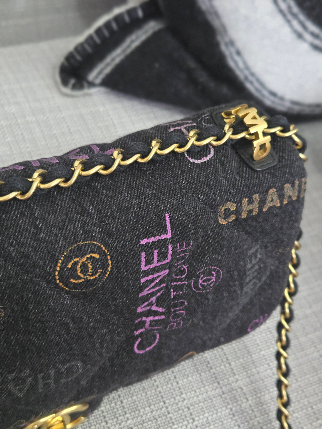 Chanel 22P collection Black Denim Mood Flap Bag with Aged GHW size Medium (25 cms)
