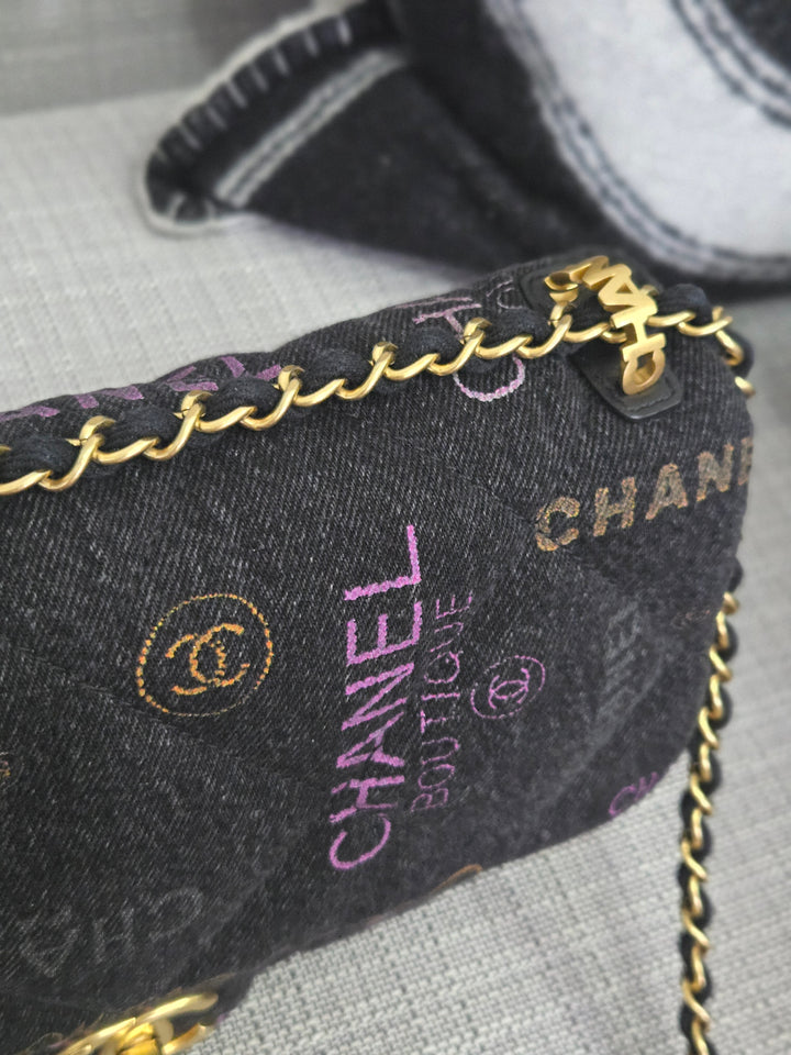Chanel 22P collection Black Denim Mood Flap Bag with Aged GHW size Medium (25 cms)