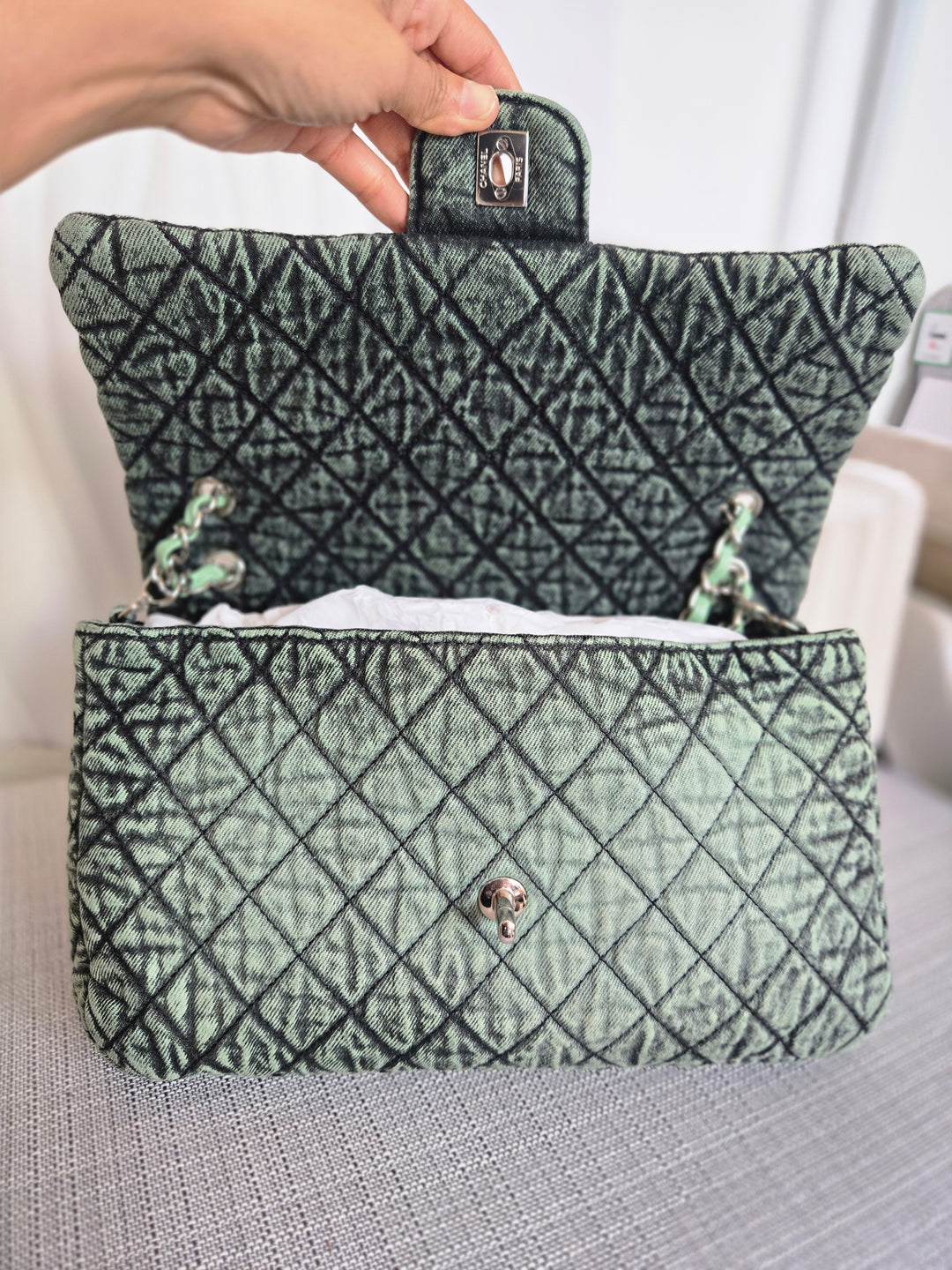 CHANEL Green Denimpression SHW size Jumbo Single Flap Bag