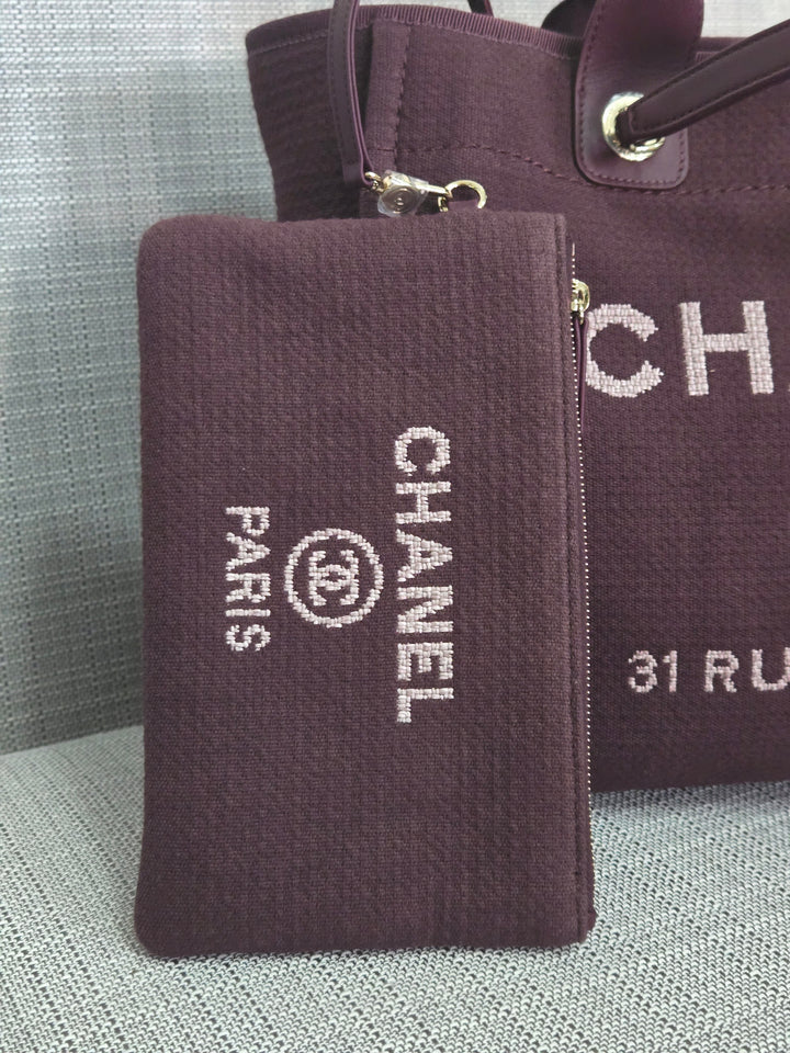 Chanel 24B 2024 Fall/Winter Collection Burgundy Tweed Deauville Tote with Leather top handle size small and Detachable pouch