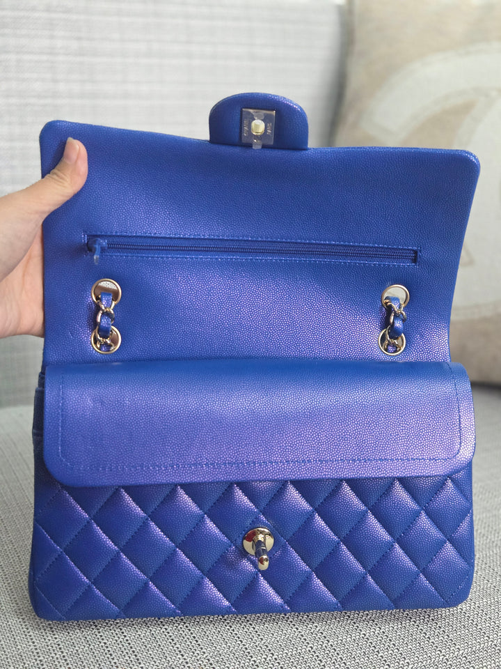 Chanel series 31 Iridescent Cobalt Blue Caviar Medium ML Timeless Classic Double Flap Bag with Champagne GHW