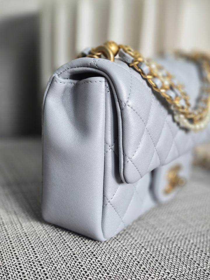 CHANEL Pearl Twist Pearly Silver Light Blue Lambskin Mini Flap Bag
