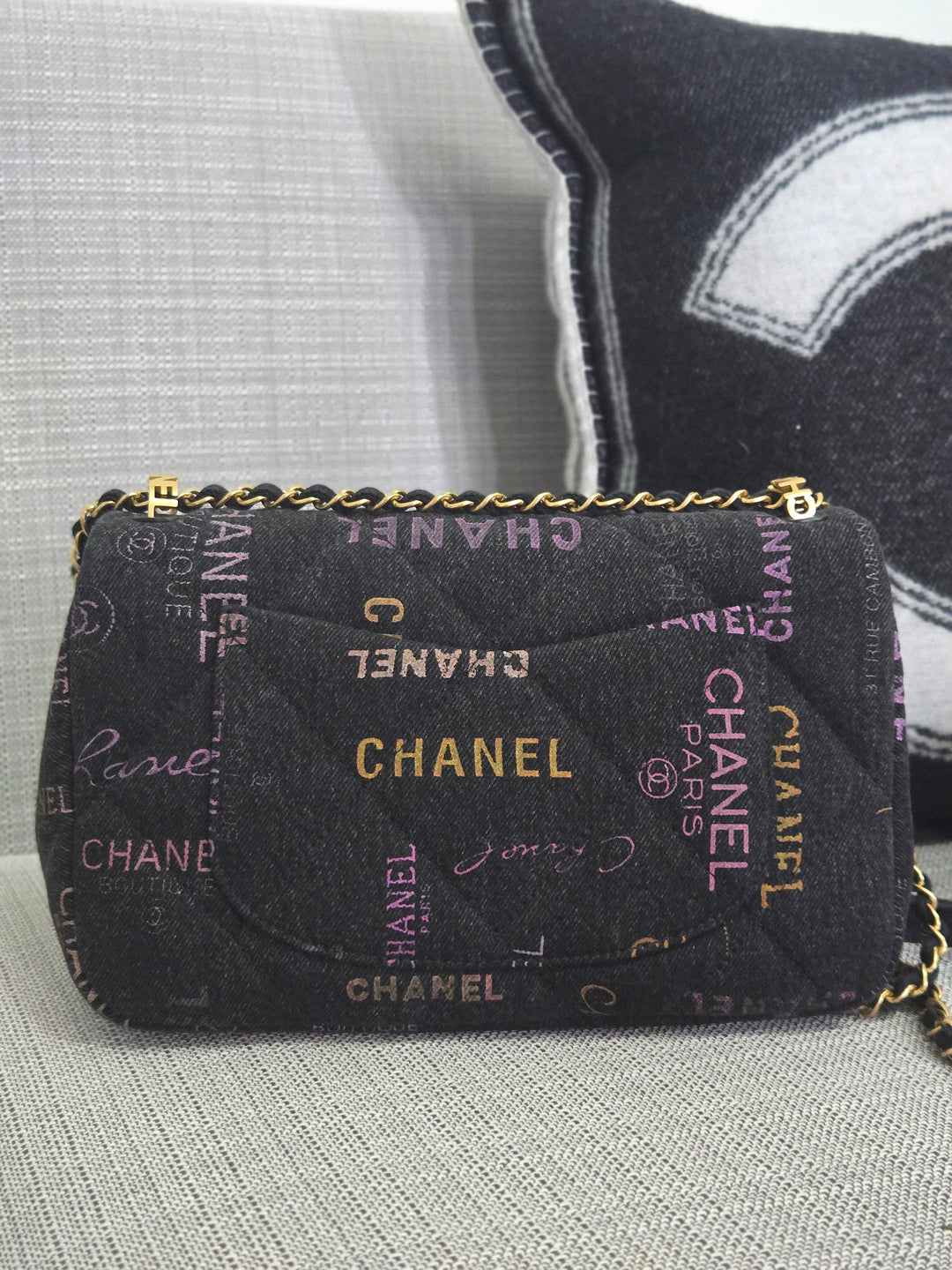 Chanel 22P collection Black Denim Mood Flap Bag with Aged GHW size Medium (25 cms)