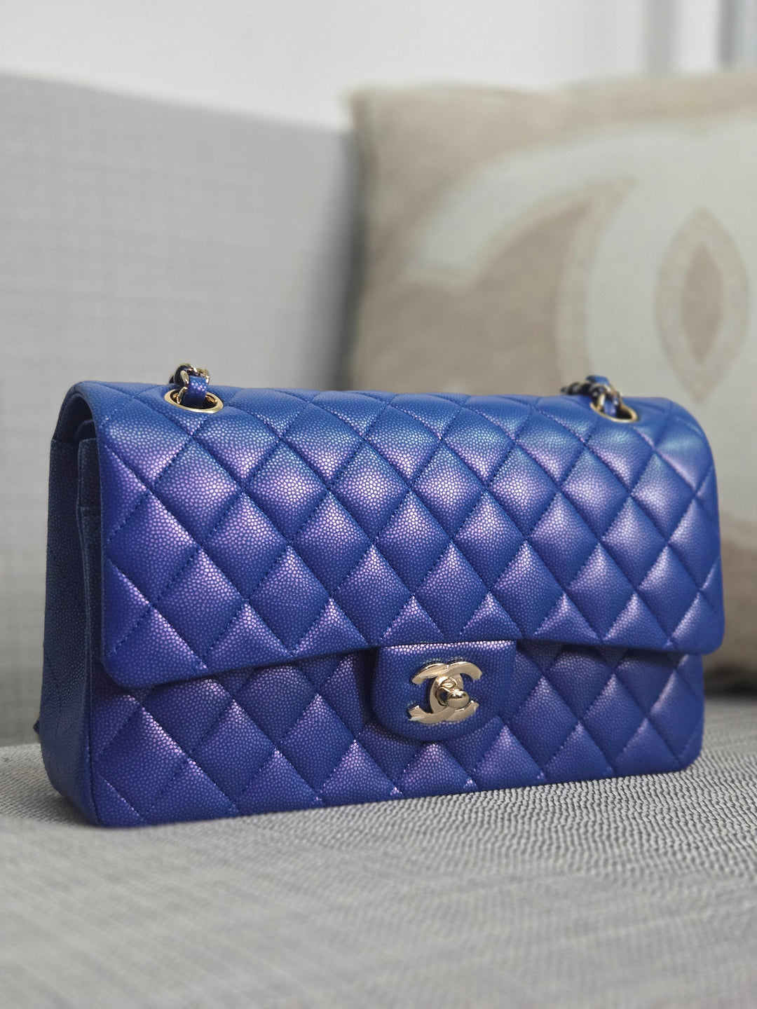 Chanel series 31 Iridescent Cobalt Blue Caviar Medium ML Timeless Classic Double Flap Bag with Champagne GHW