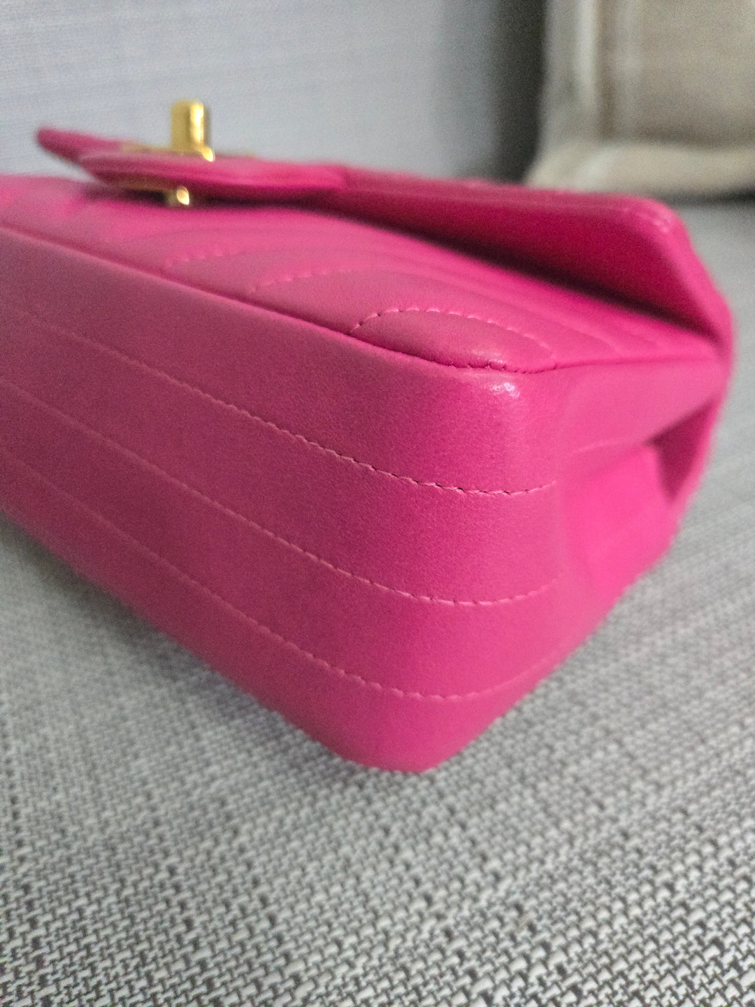 Chanel series 21 Barbie Pink Lambskin Chevron Mini Rectangular Flap Bag with Yellow GHW