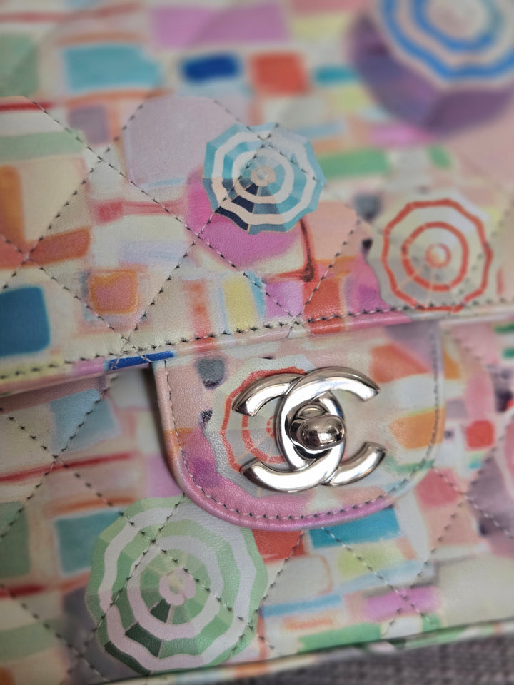 CHANEL Multi Color Rainbow Umbrella print calf skin SHW Medium Classic Double Flap Bag