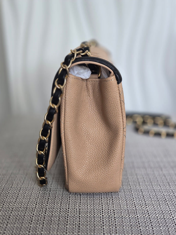 CHANEL Beige & Black Filigree Aged GHW Magnetic Closure Flap Bag size Medium 10 inches