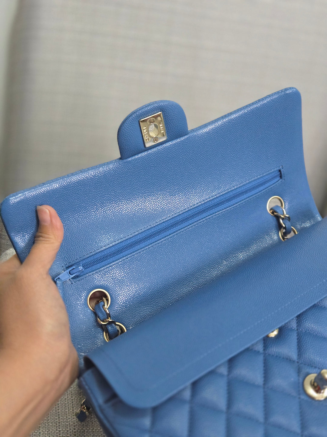 Chanel Series 30 Blue Caviar Medium Timeless Classic Double Flap Bag with Champagne GHW
