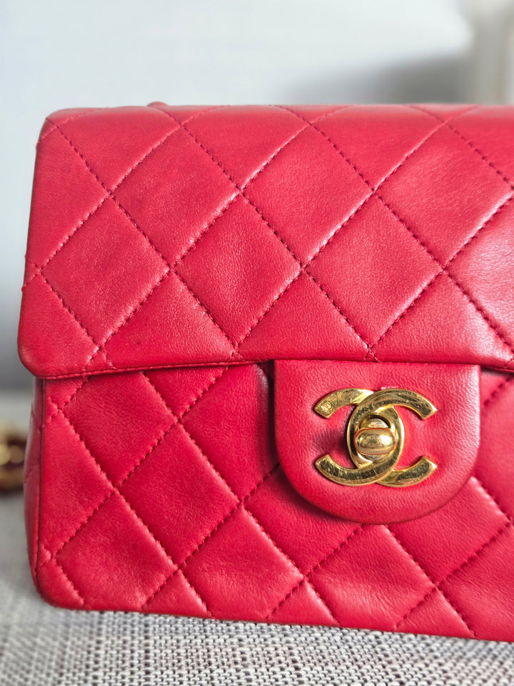 Chanel series 1 Red Lambskin 24K GHW Vintage Classic Mini Square Flap Bag