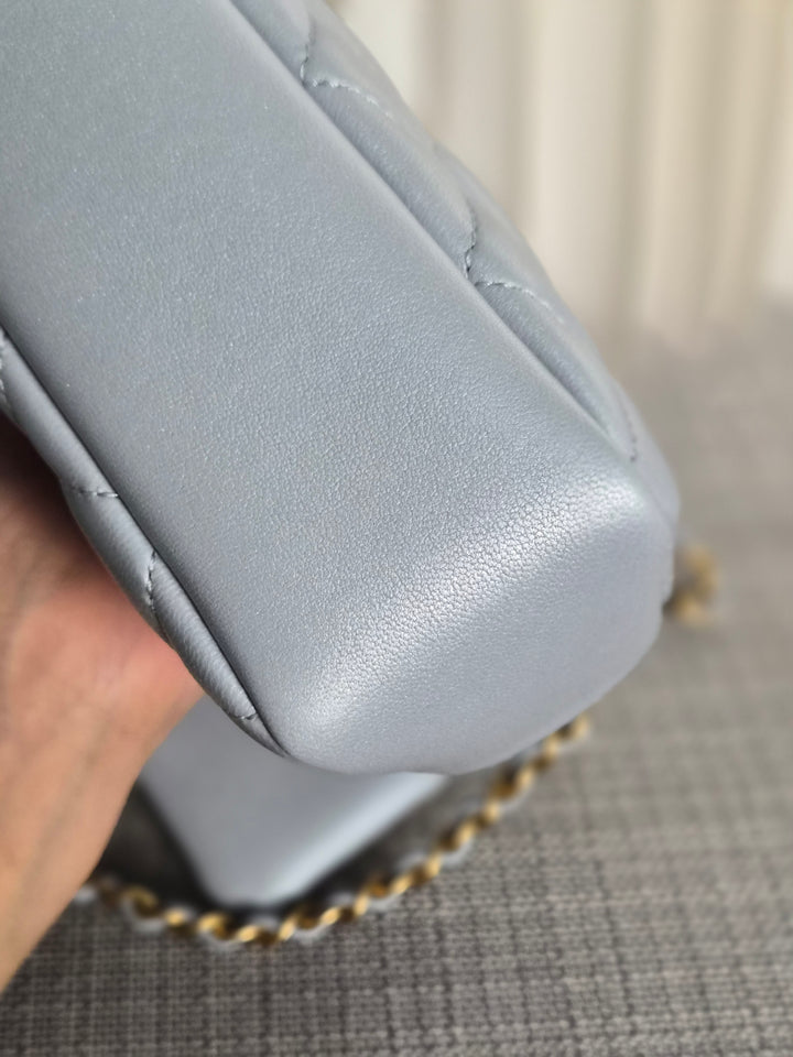 CHANEL Pearl Twist Pearly Silver Light Blue Lambskin Mini Flap Bag