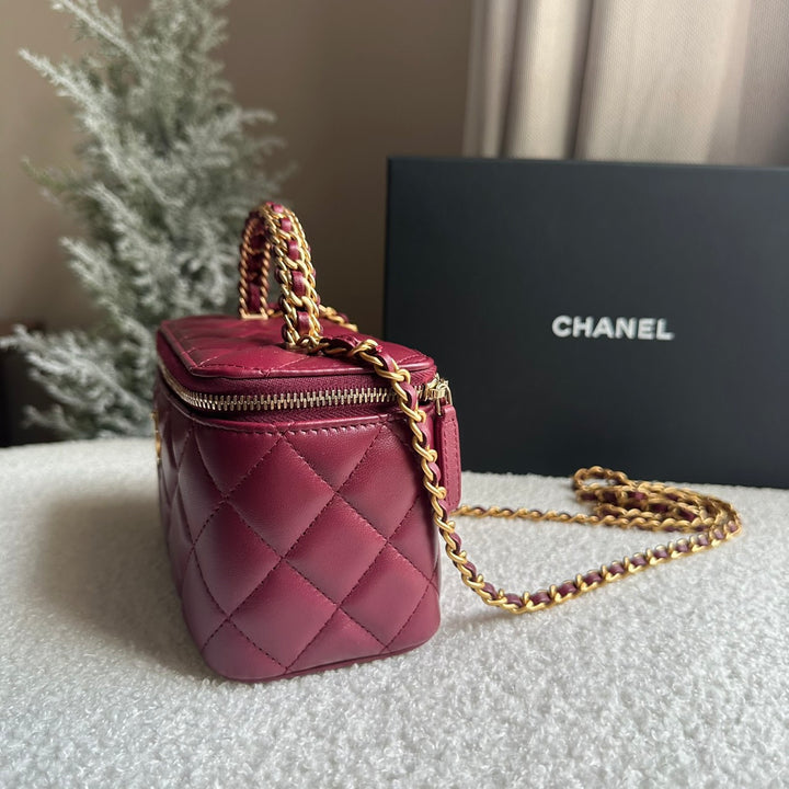 CHANEL 22K collection Burgundy Lambskin aged GHW Top Handle Vanity Case 2022