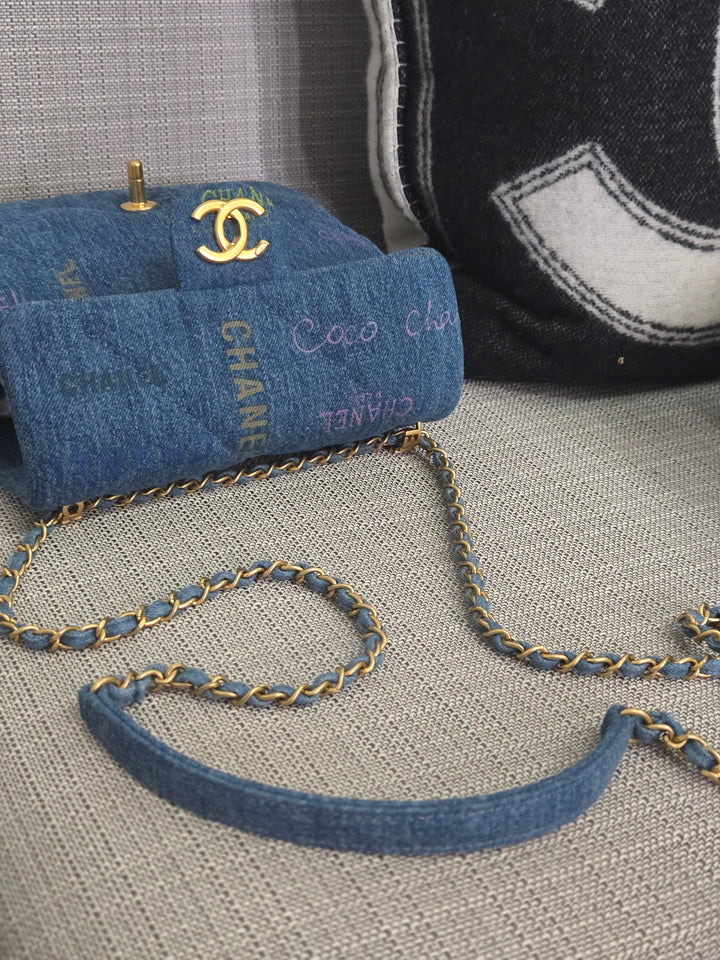 Chanel 22P Blue Denim Mood Flap Bag size Small with aged GHW