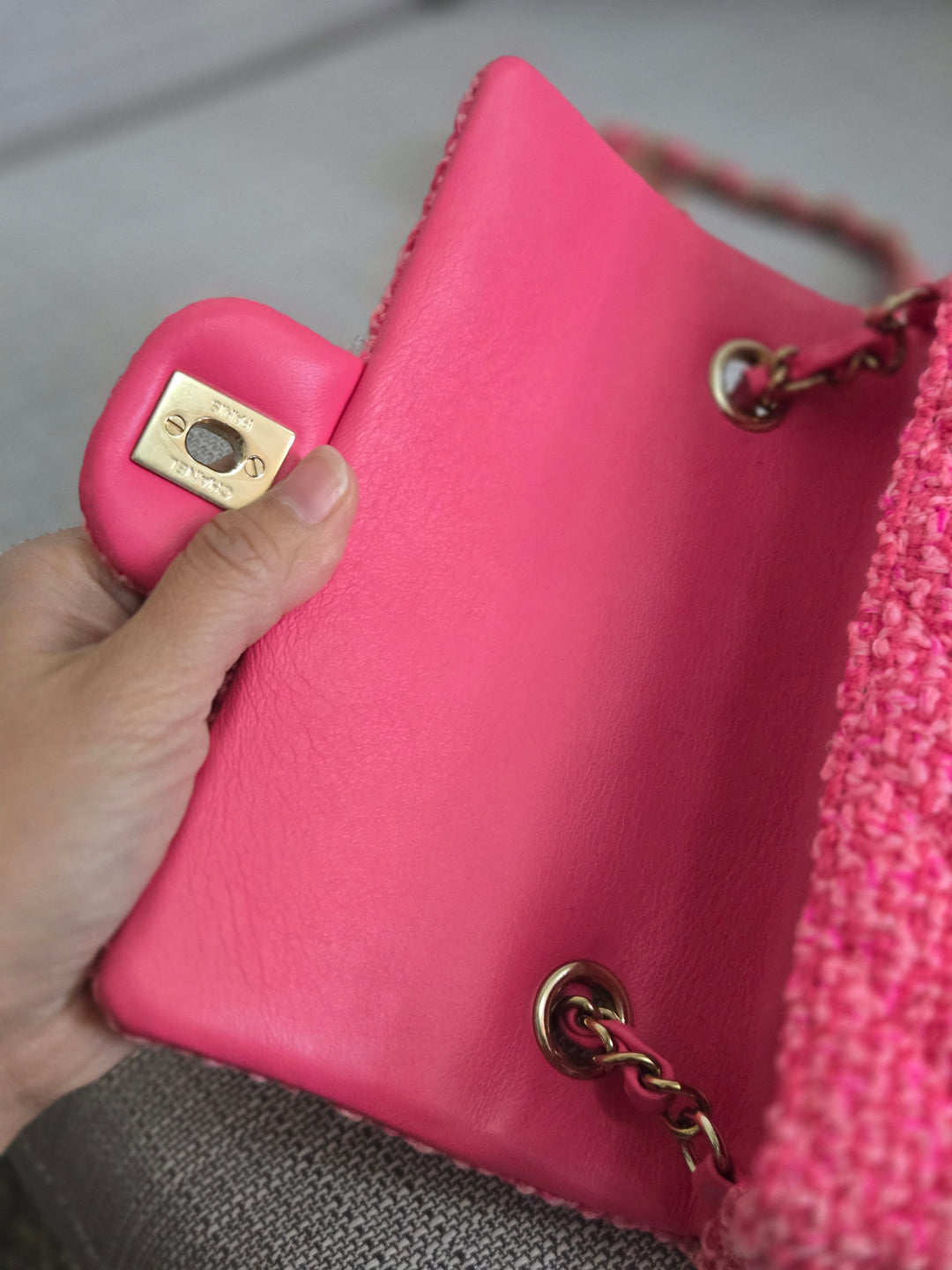 Chanel 22B 2022 Fall/Winter Fuchsia/Light Pink/Dark Pink Tweed Mini Rectangular Flap Bag with Champagne GHW