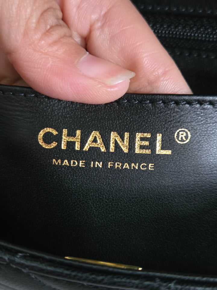 Chanel Black Lambskin Mini Rectangular Flap Bag with Top Handle GHW
