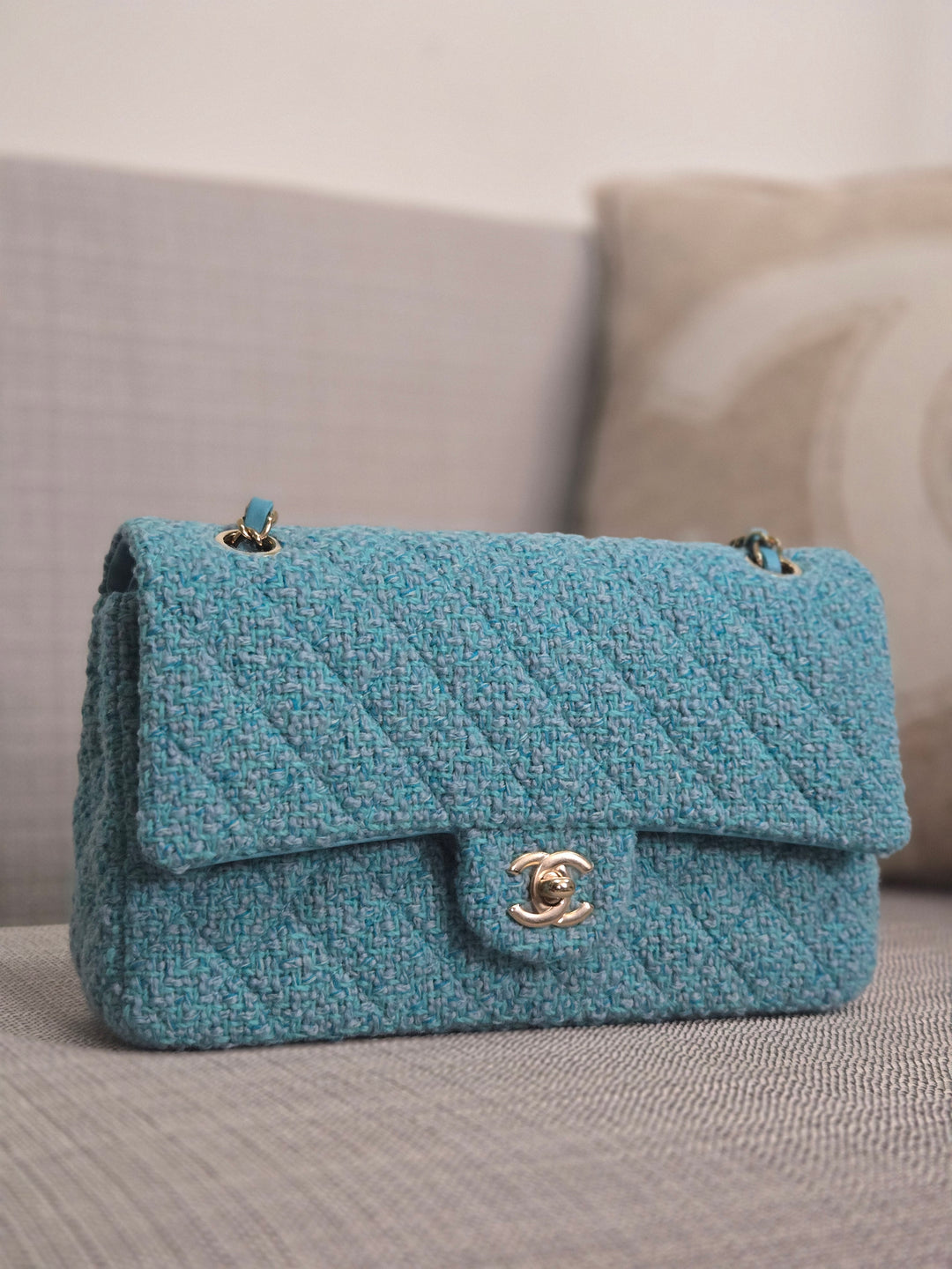 Chanel 22B 2022 Fall/Winter Collection Turquoise Blue Tweed Medium ML Timeless Classic Double Flap Bag with Champagne GHW