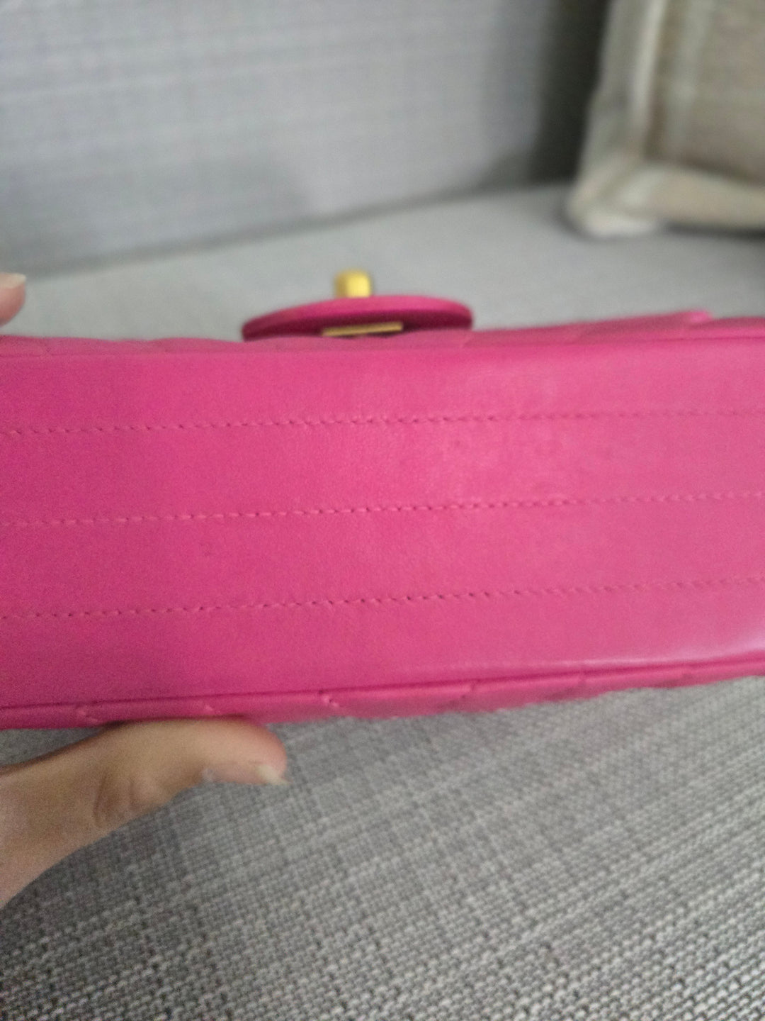 Chanel series 21 Barbie Pink Lambskin Chevron Mini Rectangular Flap Bag with Yellow GHW