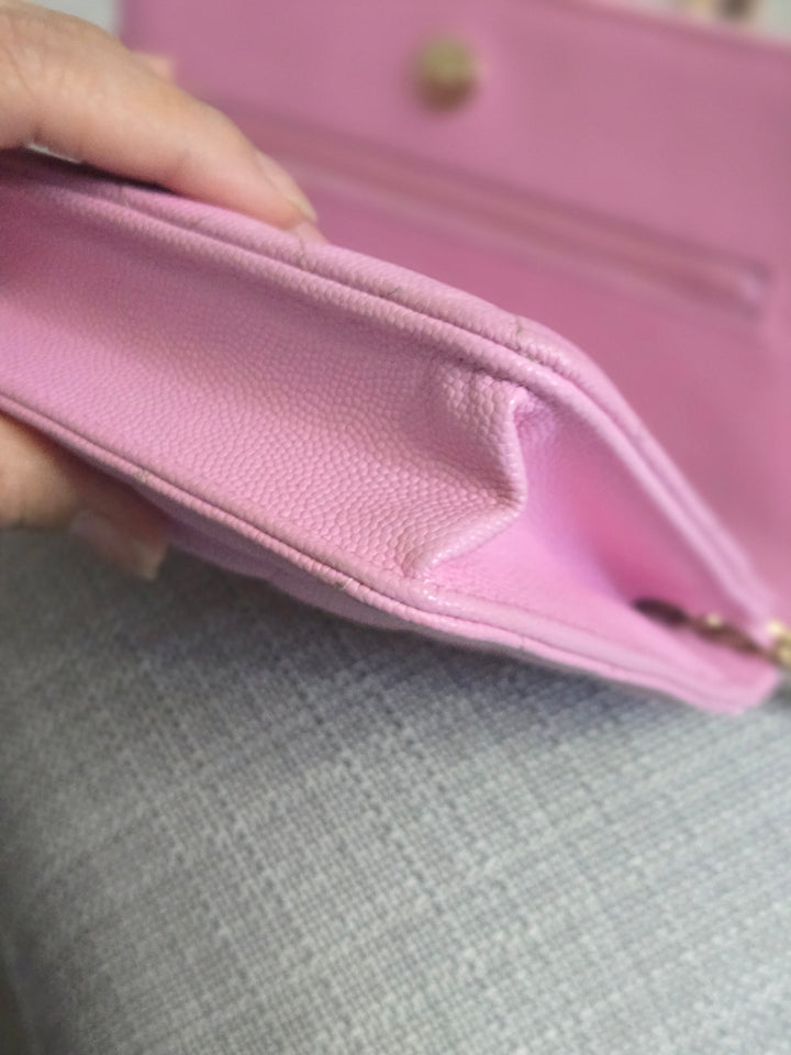 Chanel 23P Collection 2023 Mauve undertone Pink Caviar Champagne GHW Classic Wallet on chain (WOC)