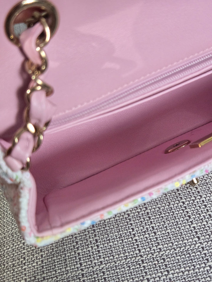 Chanel 25C 2025 Cruise Collection Multi-colored Tweed Champagne GHW Mini rectangular flap bag