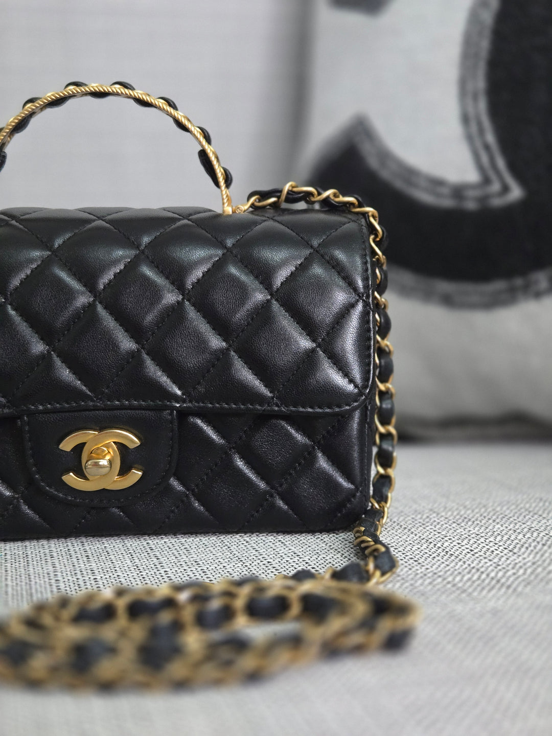 Chanel Black Lambskin Mini Rectangular Flap Bag with Top Handle GHW