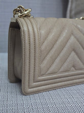 Load image into Gallery viewer, Chanel series 26 18A 2018 Fall/Winter Collection Iridescent Light Beige Chevron Caviar Le Boy Flap Bag size Small with Shiny GHW
