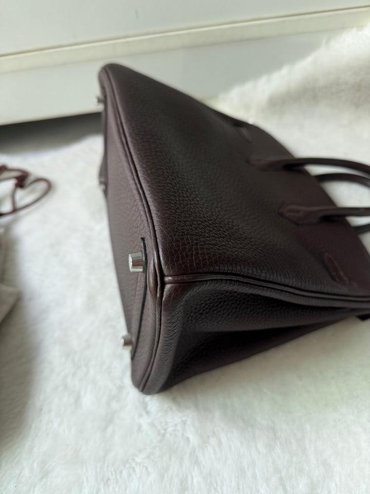 HERMES Cacao Togo Leather PHW Birkin 25 Stamp M in sq