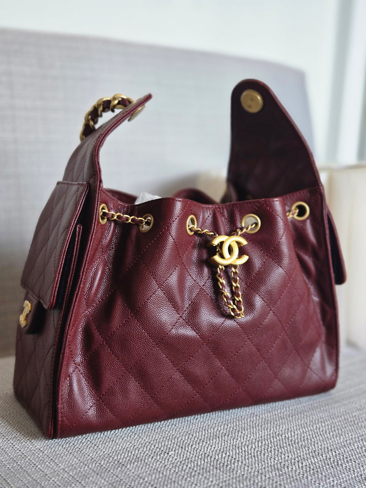 CHANEL 25 size SMALL from 25A 2025 Metiers d'art Collection BURGUNDY caviar aged GHW Hobo Bag