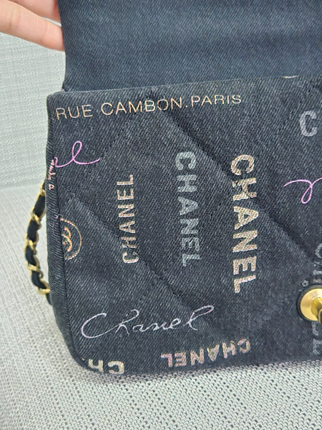 Chanel 22P collection Black Denim Mood Flap Bag with Aged GHW size Medium (25 cms)