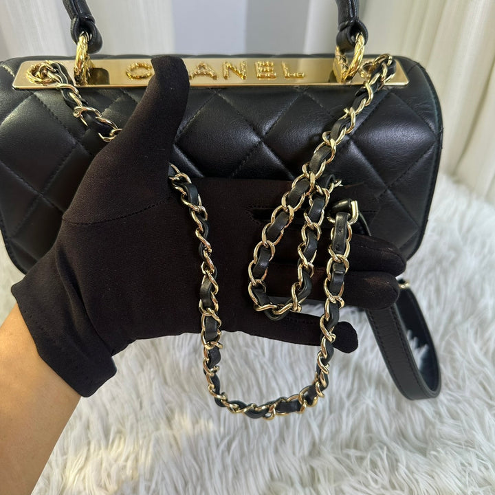 CHANEL Black Lambskin Trendy CC Flap Bag size SMALL with Non detachable Shoulder strap and LGHW 2023