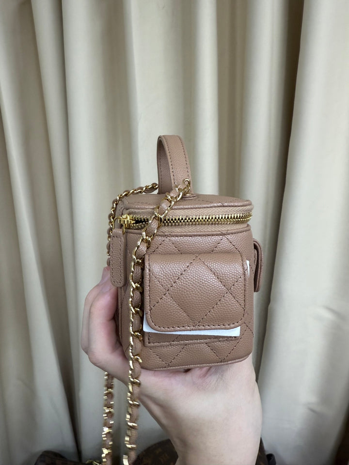 CHANEL Dark Beige Caviar Quiled Polly Pockets Cargo Small Vanity Case with Aged GHW